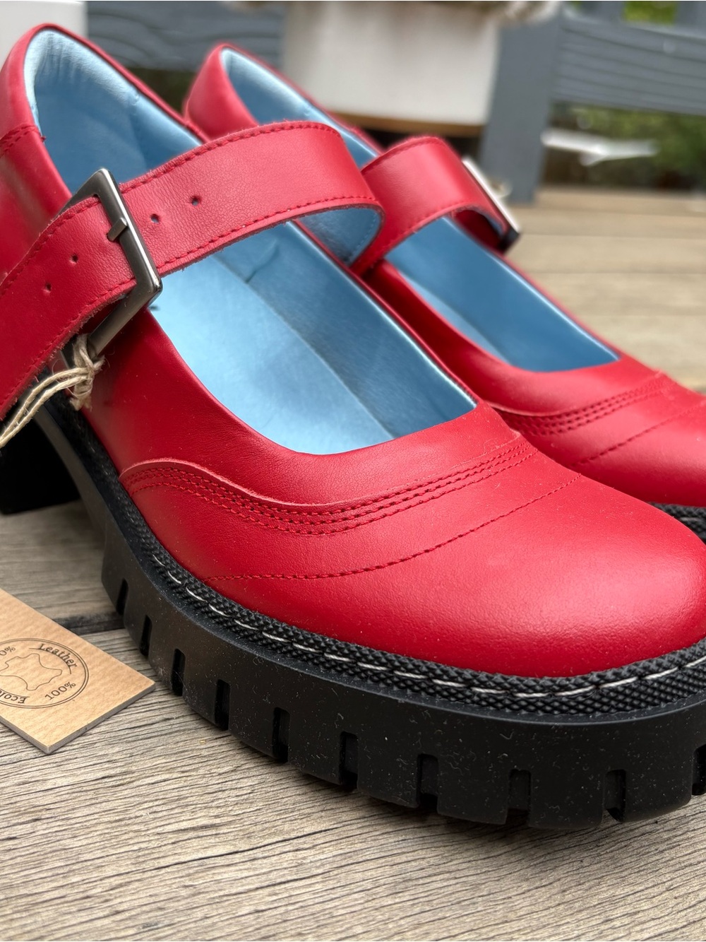New MAG Women's Red Mary Jane Chunky Lug Sole Mules shoes heels